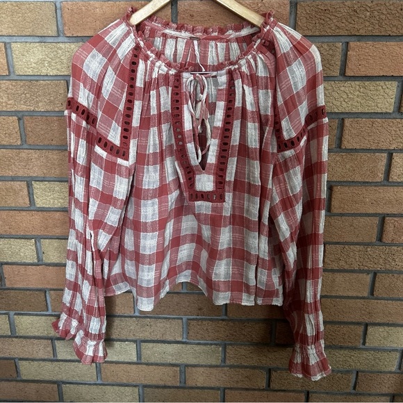 Free People Honey Grove Gingham Checkered Balloon Sleeve Blouse Size Small - Picture 3 of 7